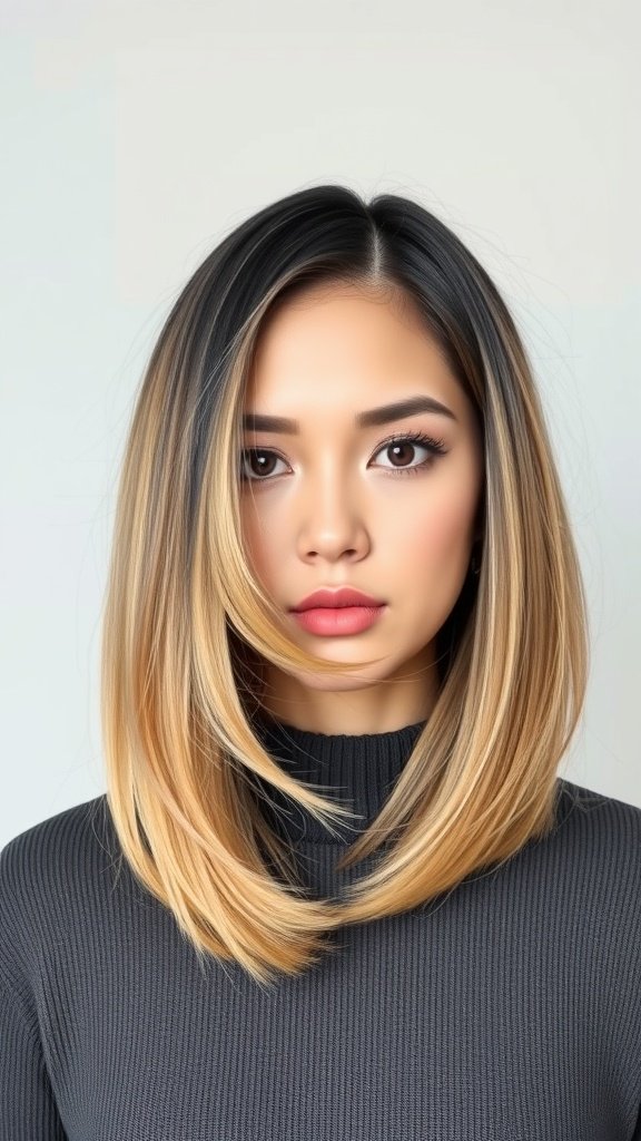 A woman with a straight long bob hairstyle featuring a side part, showcasing a blend of colors.