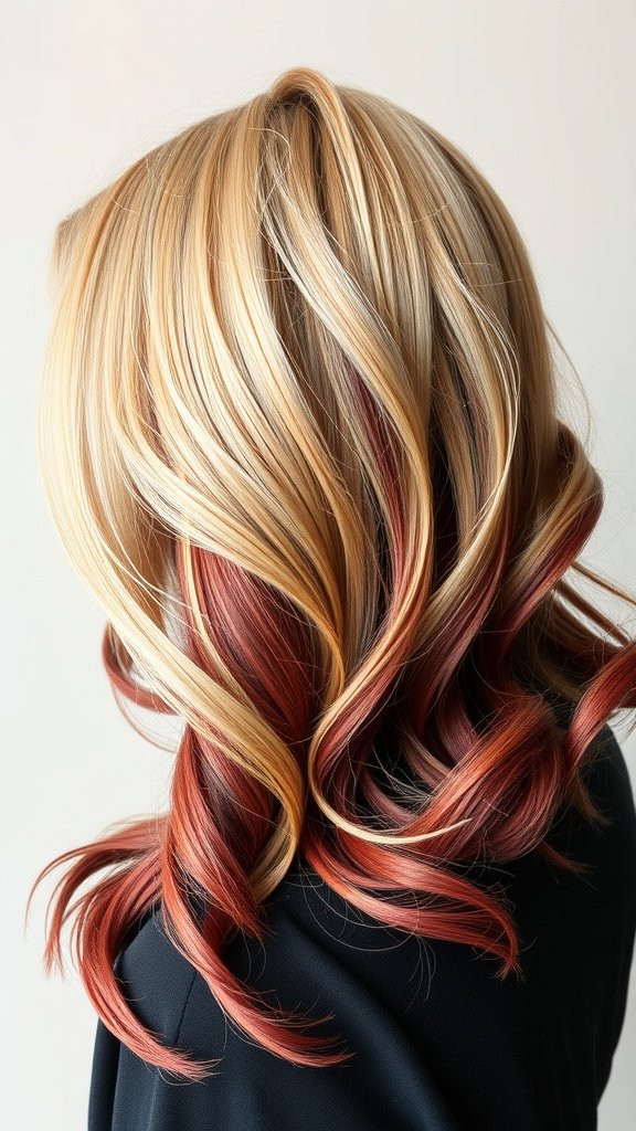 Textured blonde hair with ruby red lowlights styled in waves