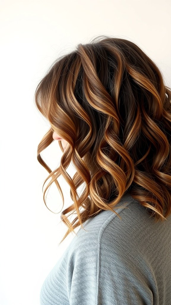 A woman with shoulder-length textured curly hair, showcasing bouncy curls and highlights.