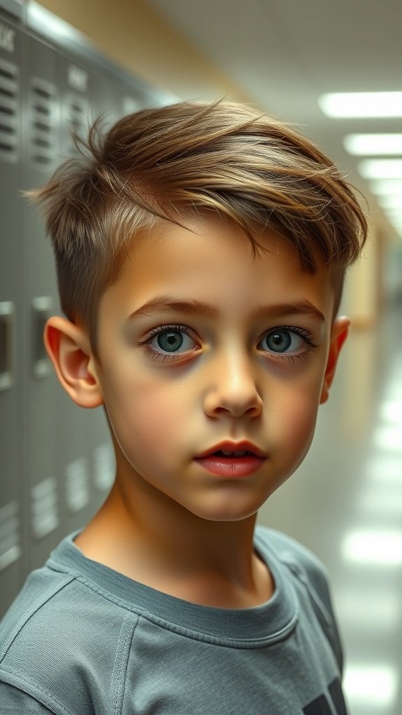 A young boy with a textured French crop haircut, standing in a school hallway.