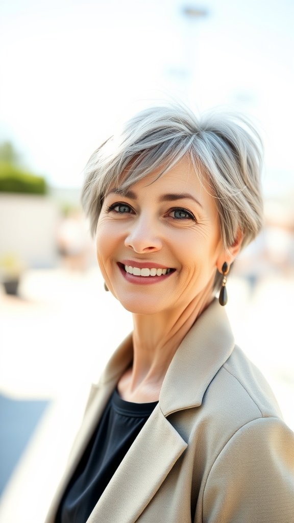 A woman with a tousled pixie hairstyle and side-swept fringe, smiling confidently.