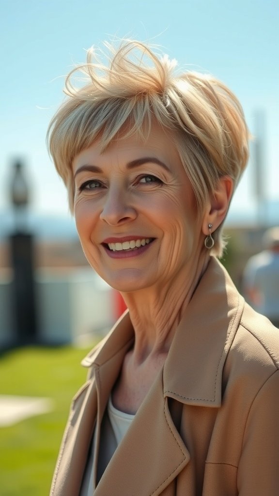 A woman over 60 with a tousled pixie hairstyle and side-swept fringe, smiling outdoors.