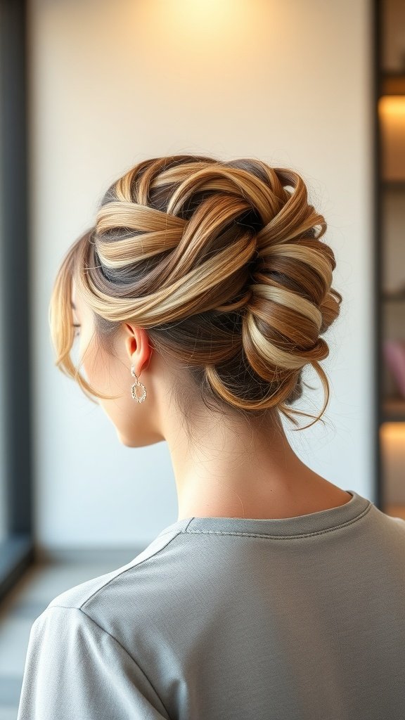 A woman with chin-length hair styled in a twisted half updo, showcasing elegant twists and soft waves.