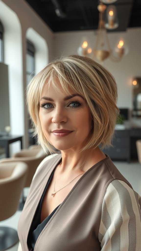 A woman with an undercut bob hairstyle featuring chunky highlights, smiling confidently in a stylish setting.
