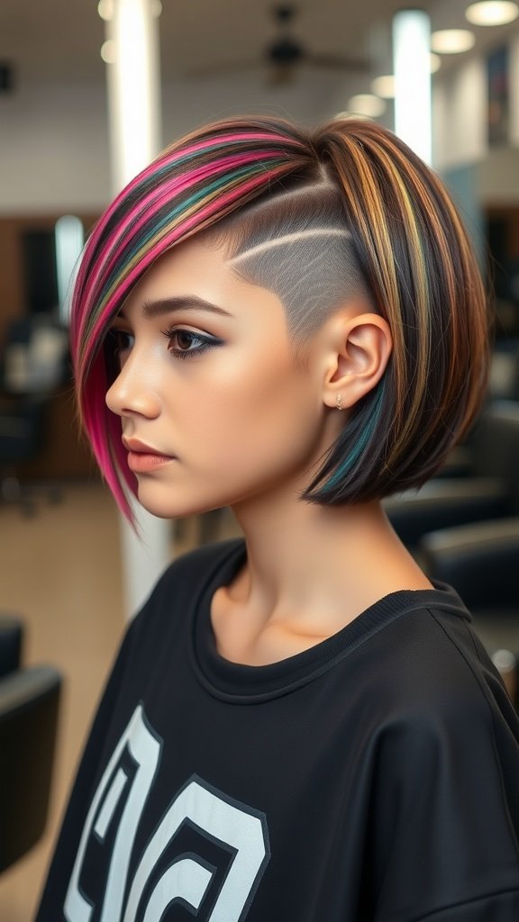 A stylish undercut hairstyle with vibrant colors, showcasing a shaved side and longer hair on top.