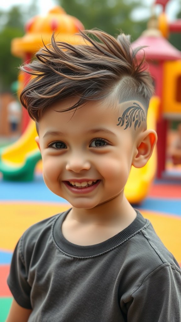 A young boy with an undercut pixie hairstyle featuring a design on the side, smiling in a playground.