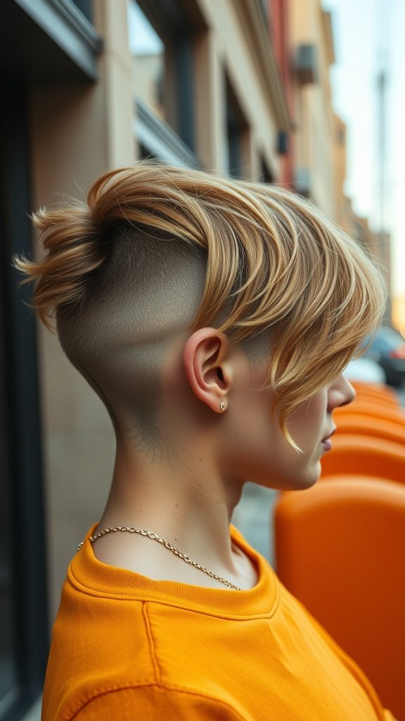 A stylish undercut hairstyle featuring caramel balayage, showcasing a blend of warm tones and a modern look.