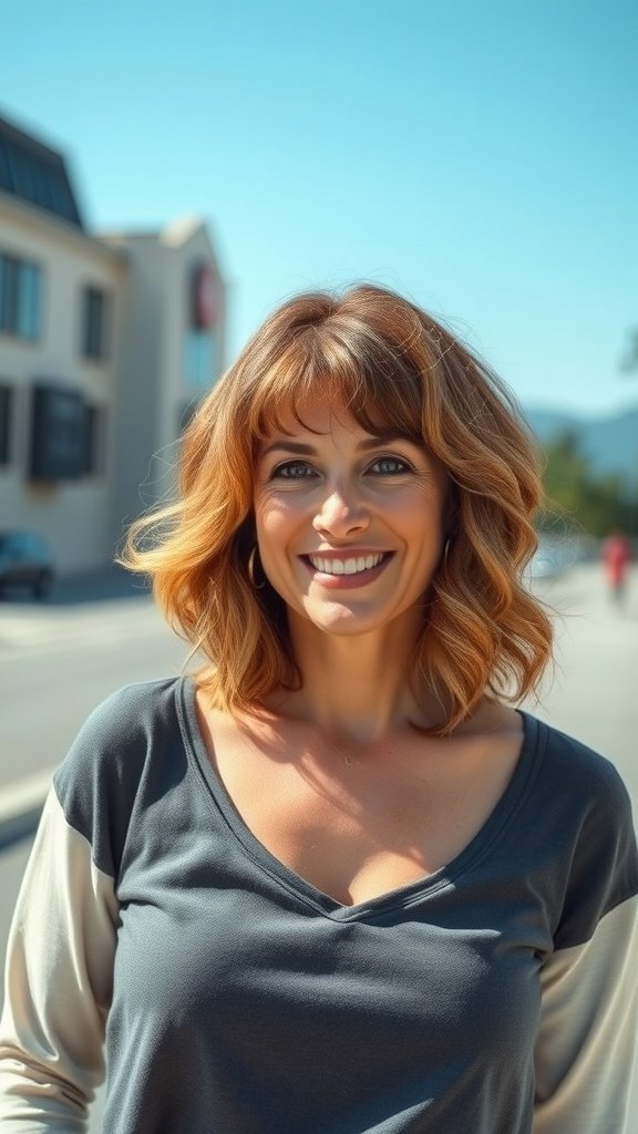 A woman with a wavy bob hairstyle and textured fringe, smiling outdoors.