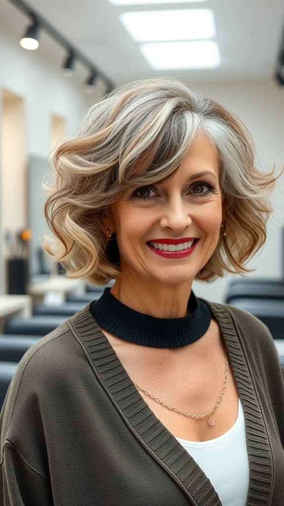 A woman with an airy curly bob and fringe, smiling in a salon setting.