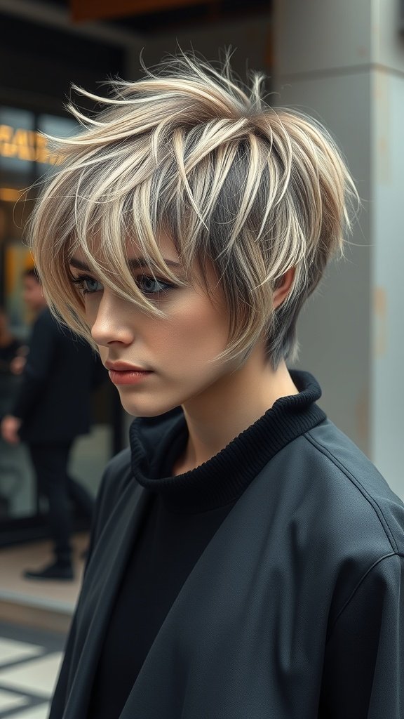 A person with an androgynous shag haircut featuring minimal layers, showcasing a modern and stylish look.