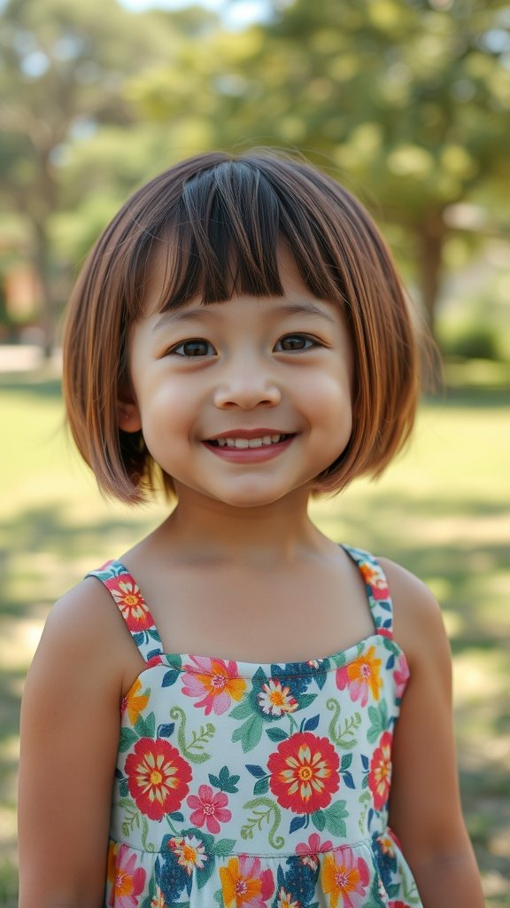 A young girl with an angled bob hairstyle and subtle highlights, smiling in a floral dress.