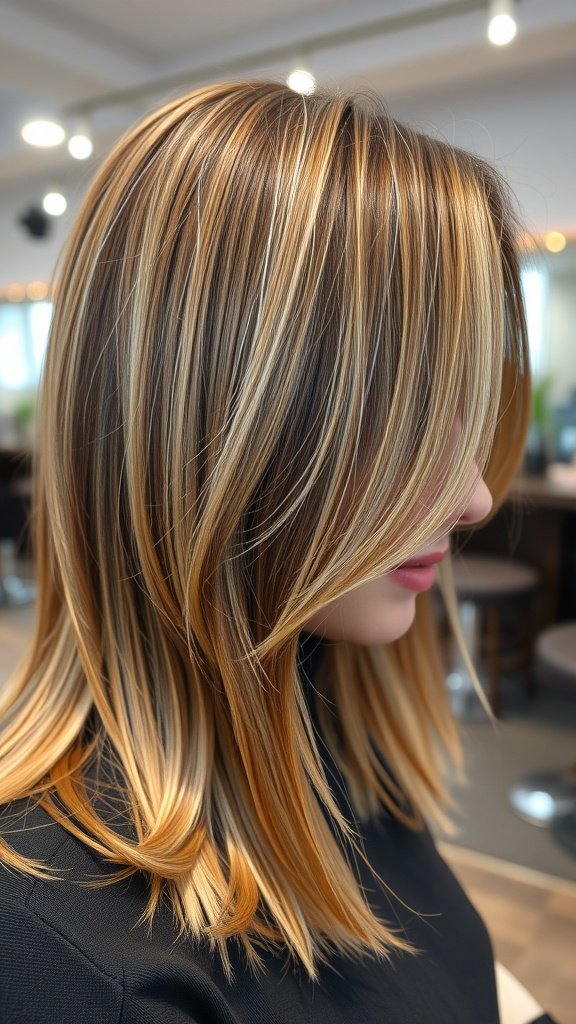A hairstyle featuring ashy blonde highlights on a matte brown base, showcasing a chic and modern look.