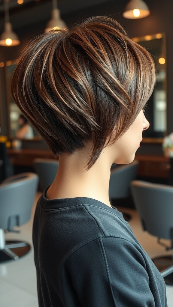 A stylish bixie haircut featuring chocolate and hazelnut layers, showcasing a modern and trendy look.