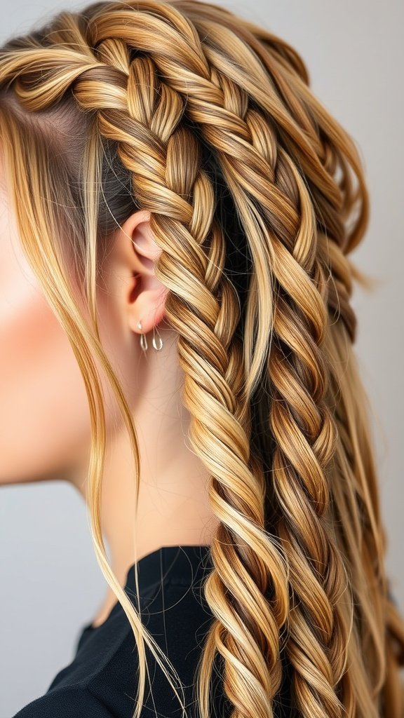 A close-up of blonde braids with caramel lowlights, showcasing intricate weaving and color contrast.