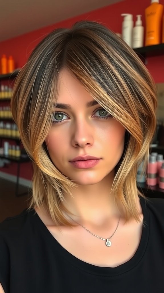 A woman with a medium bob hairstyle featuring swoopy layers and balayage highlights.