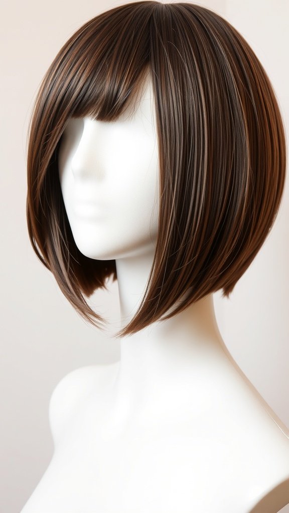 A mannequin displaying a brown blunt cut hairstyle with caramel highlights.