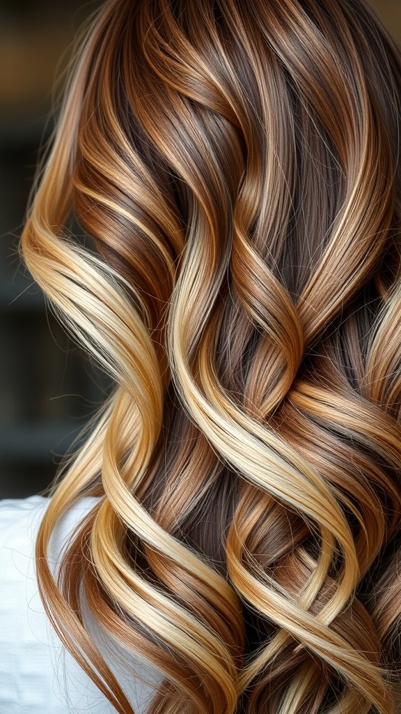 Chestnut brown hair styled in waves with blonde tips