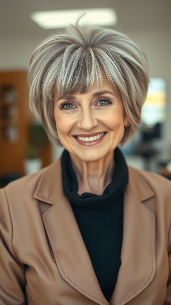 A woman over 70 with a chic shaggy bob hairstyle and bangs, smiling confidently.