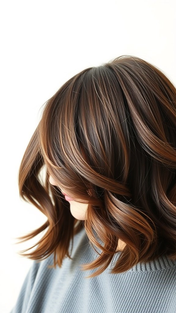 A woman with chocolate brown shag haircut featuring gentle waves.
