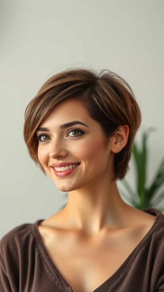 A woman with a chocolate brown side-parted pixie hairstyle, smiling and looking stylish.