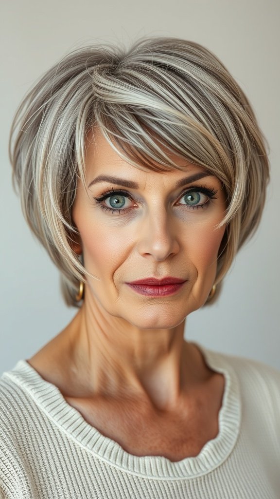 A woman with a choppy bob hairstyle featuring subtle lowlights, showcasing a modern and stylish look.