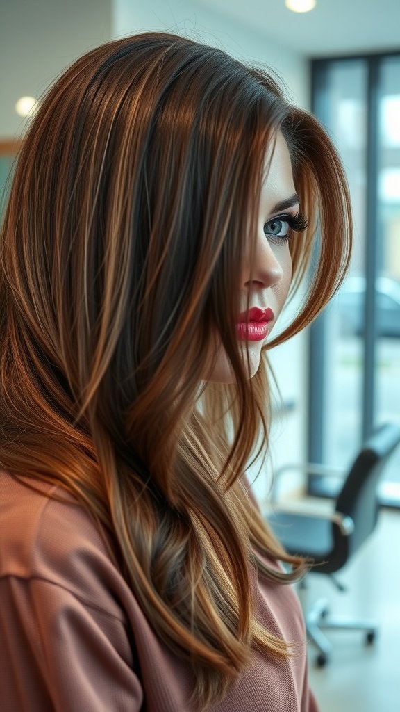 A woman with cocoa brown hair featuring milk chocolate highlights, styled elegantly in a modern salon.