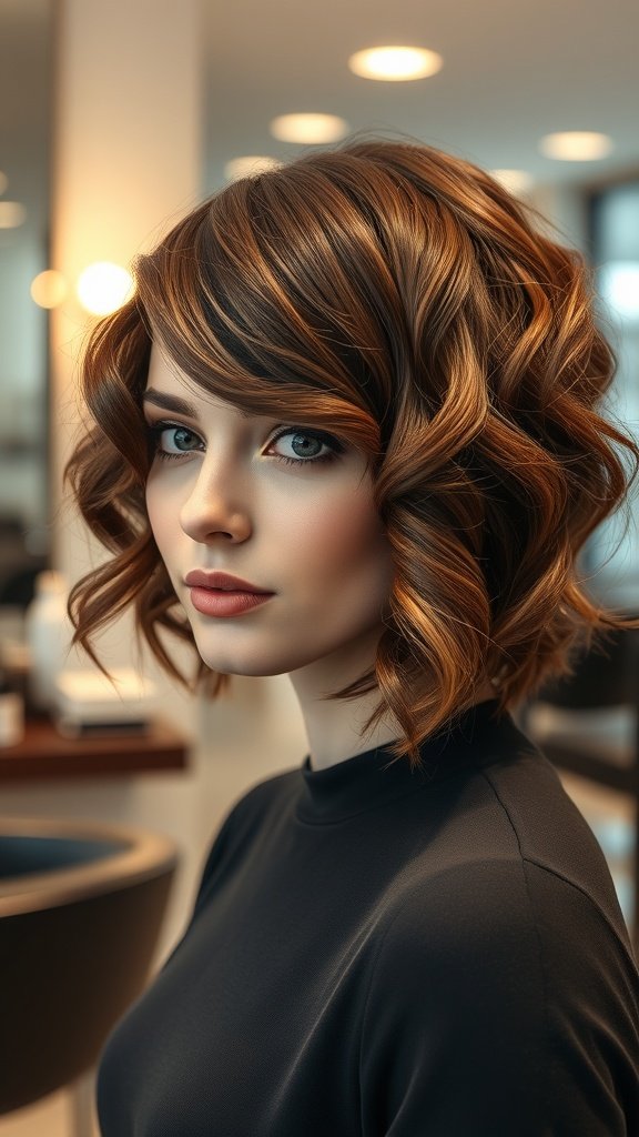 A woman with a curly bob hairstyle featuring lowlights, showcasing a modern and stylish look.