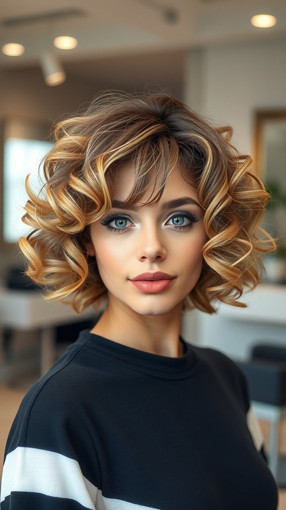 A woman with a curly layered bob hairstyle, showcasing soft curls and highlights, ideal for round faces.