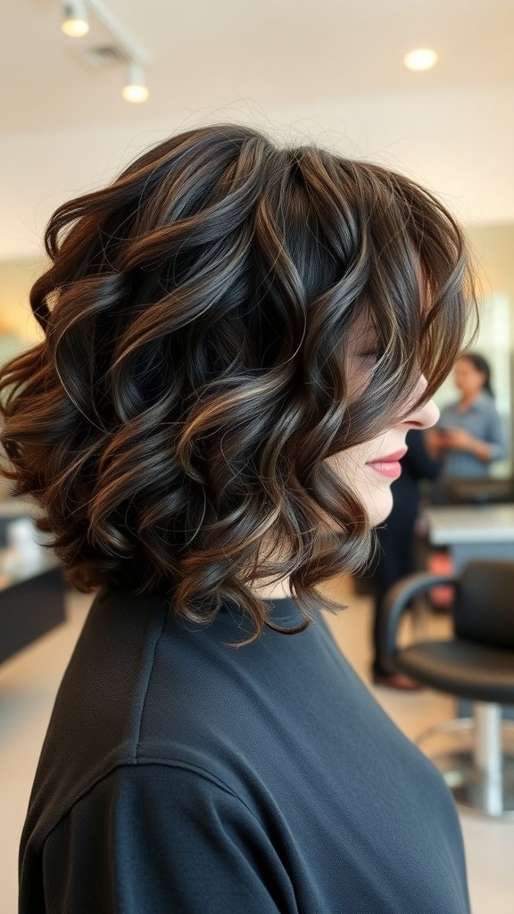 A woman with a curly tapered bob hairstyle, showcasing volume and soft curls.