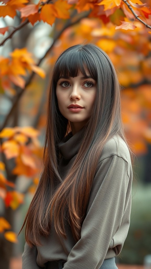A woman with thick, straight hair styled in curtain bangs, surrounded by autumn leaves.