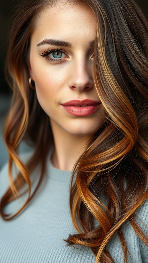 A close-up of a woman with dark chestnut hair featuring rusty blonde highlights, showcasing her beautiful features.
