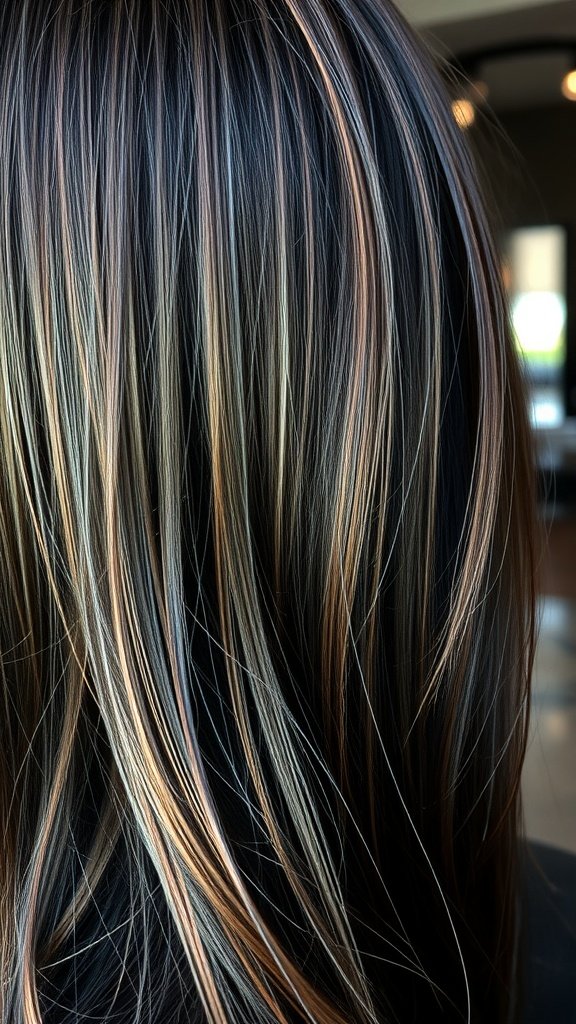 Dark chestnut hair with gray highlights, showcasing a blend of warm and cool tones.