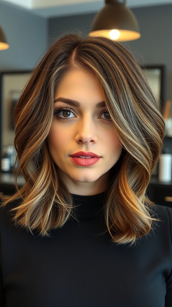 A woman with a layered bob haircut featuring deep side layers, showcasing a modern and classic style.