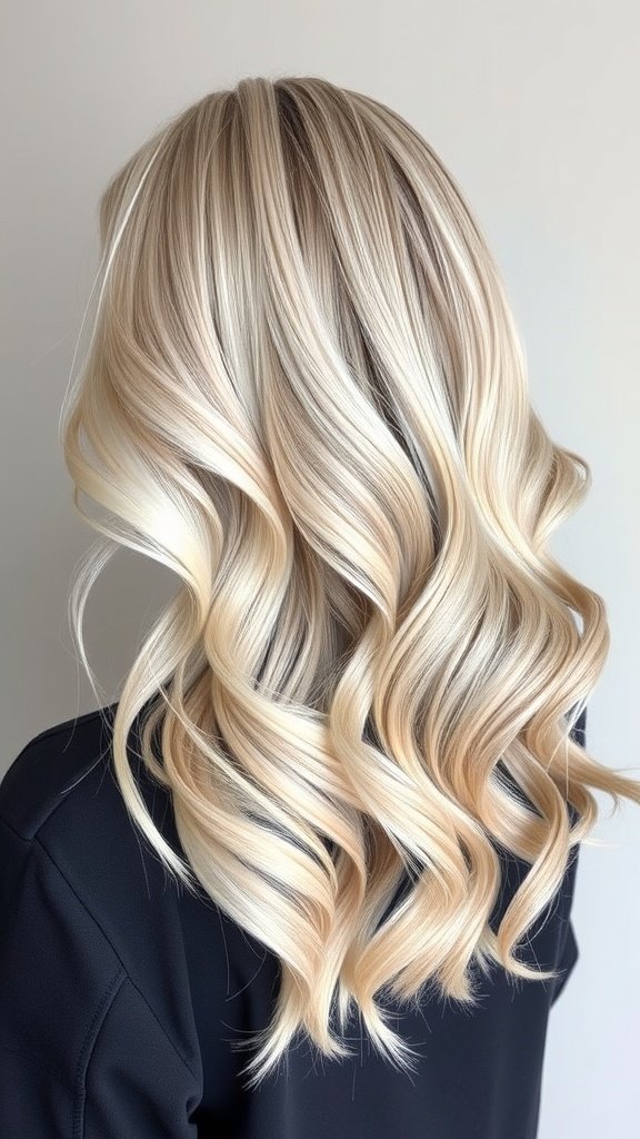 Dual-toned ash blonde hair with beige and platinum highlights styled in loose waves