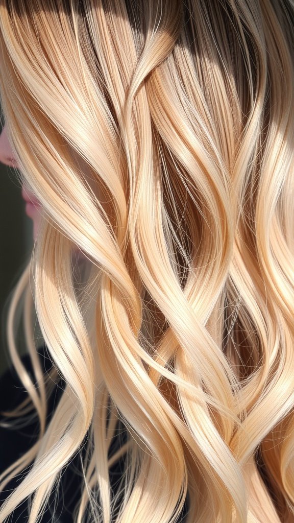 Medium blonde hair with dusky pink highlights styled in loose waves.