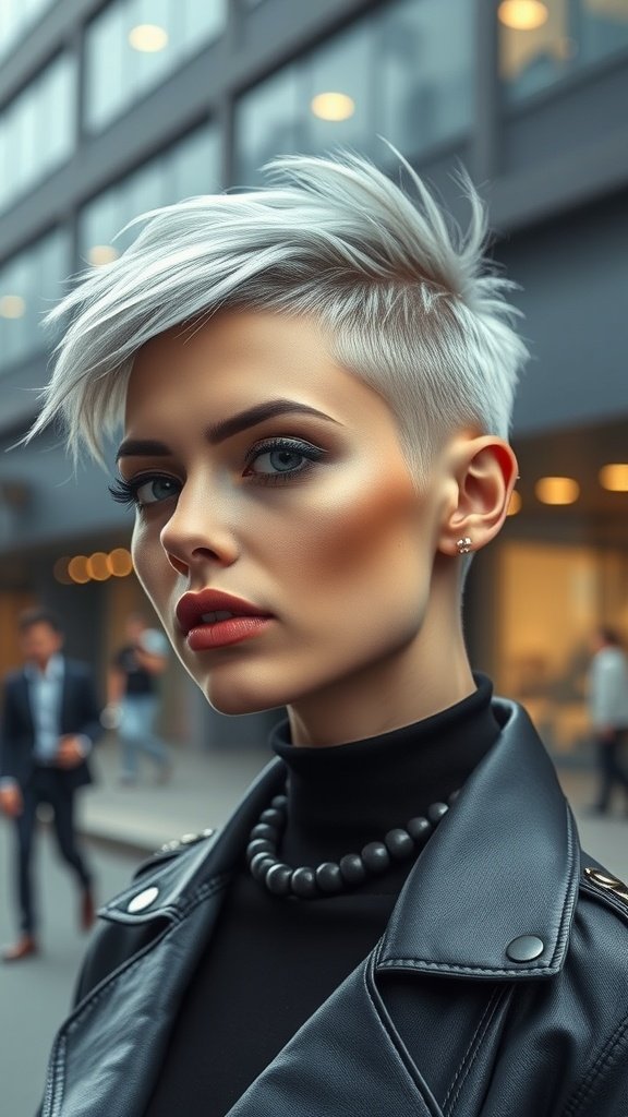 Model with silver buzz cut wearing a black turtleneck and leather jacket