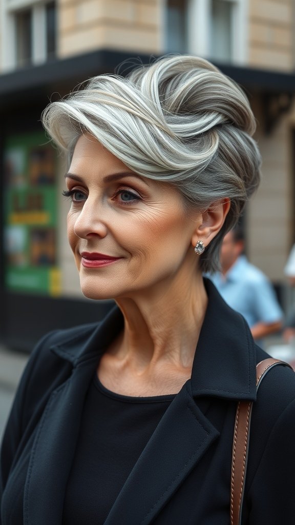 A woman with a stylish French twist hairstyle featuring subtle silver highlights.