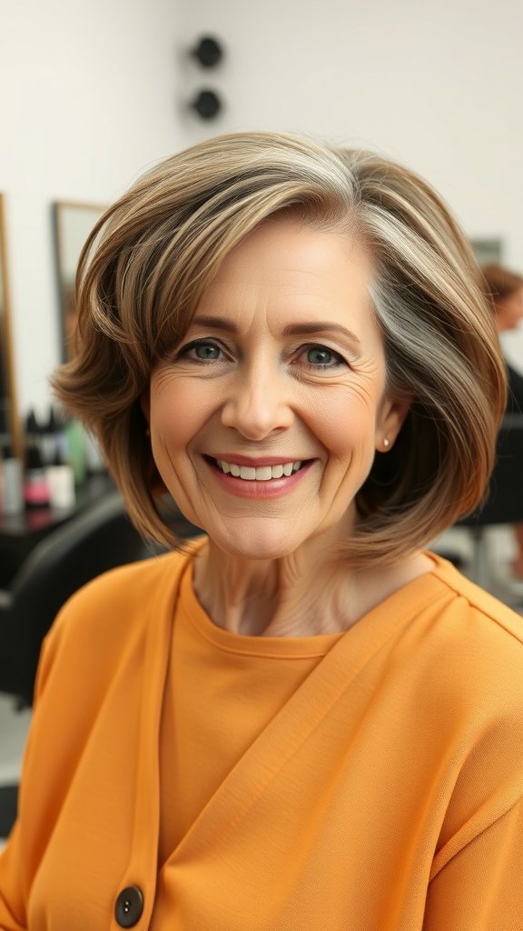 A woman over 60 with a stylish hairstyle featuring flipped ends and rounded bangs, smiling confidently.