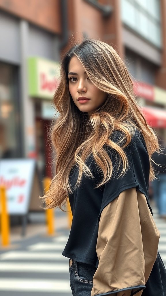 A woman with long, flowy layered shag hair, standing confidently in a city street.