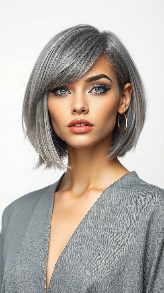 A stylish woman with a gray bob hairstyle featuring sideburns, wearing a gray outfit.