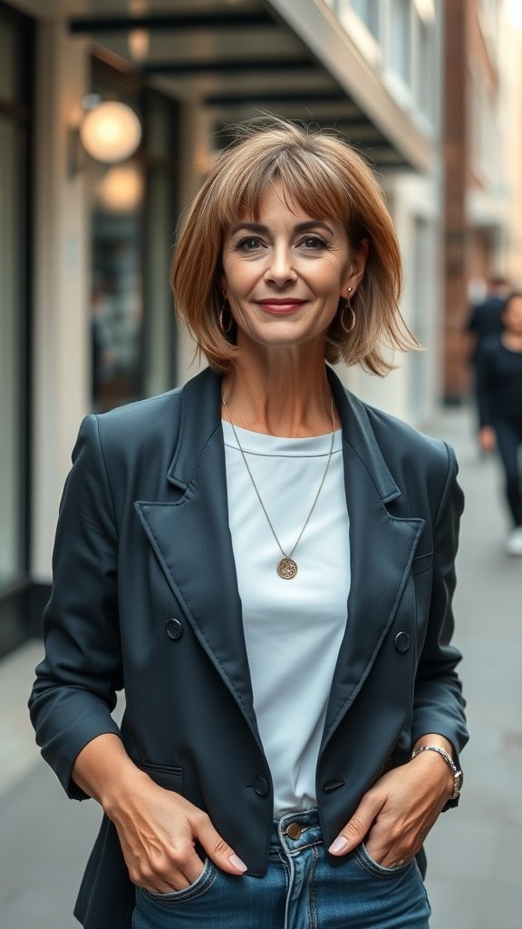 A woman with a lob hairstyle featuring a subtle undercut, wearing a stylish outfit.