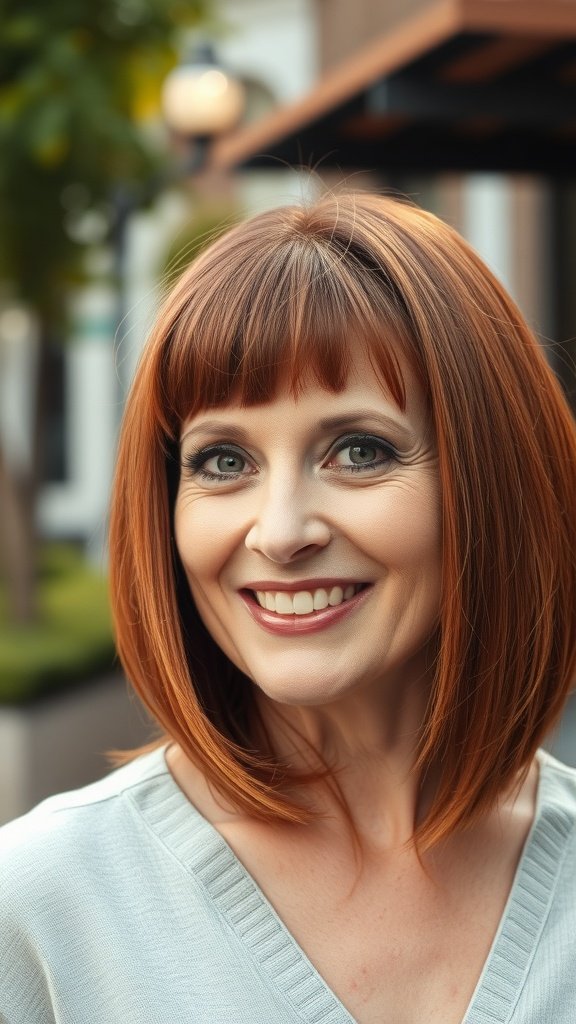 A woman with a long bob hairstyle featuring blunt ends, smiling outdoors.
