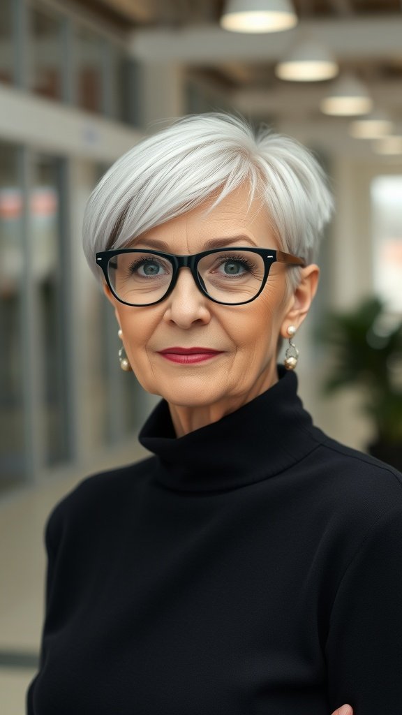 A woman over 70 with a long pixie hairstyle and asymmetrical bangs, wearing glasses.