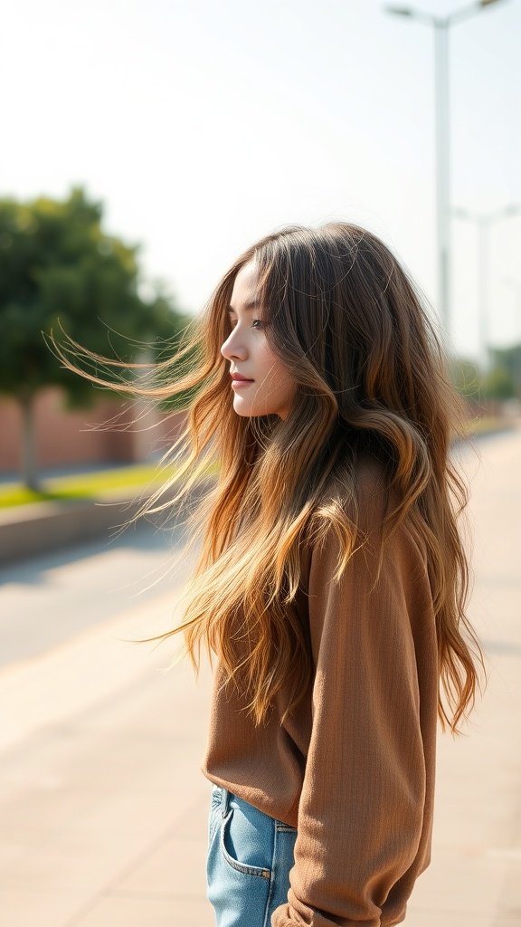 A woman with long shaggy layers and a side part, standing outdoors with a natural background.