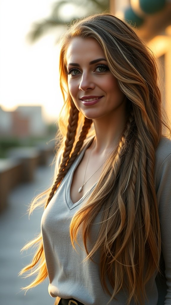 A woman with long wavy hair featuring braided details, smiling outdoors.