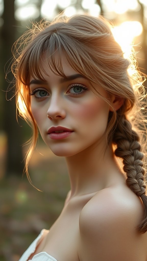 A woman with a loose side braid and wispy fringe, set against a natural background.