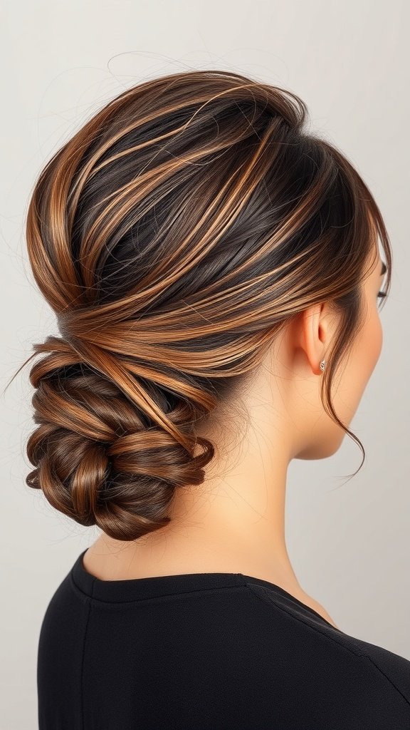 A low bun hairstyle with wispy flyaways, showcasing a soft and elegant look.