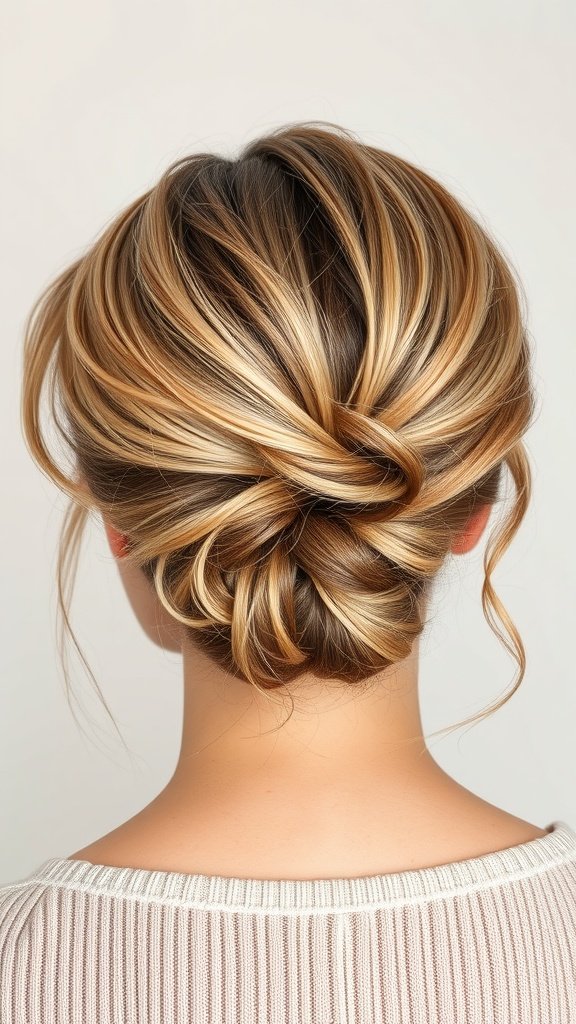 A stylish low bun with wispy flyaways, showcasing a chic hairstyle for women over 60 with thin hair.