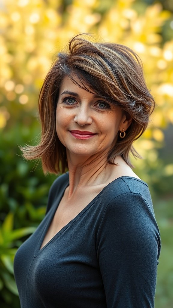 A woman with a medium haircut and flowy side bangs, smiling outdoors.
