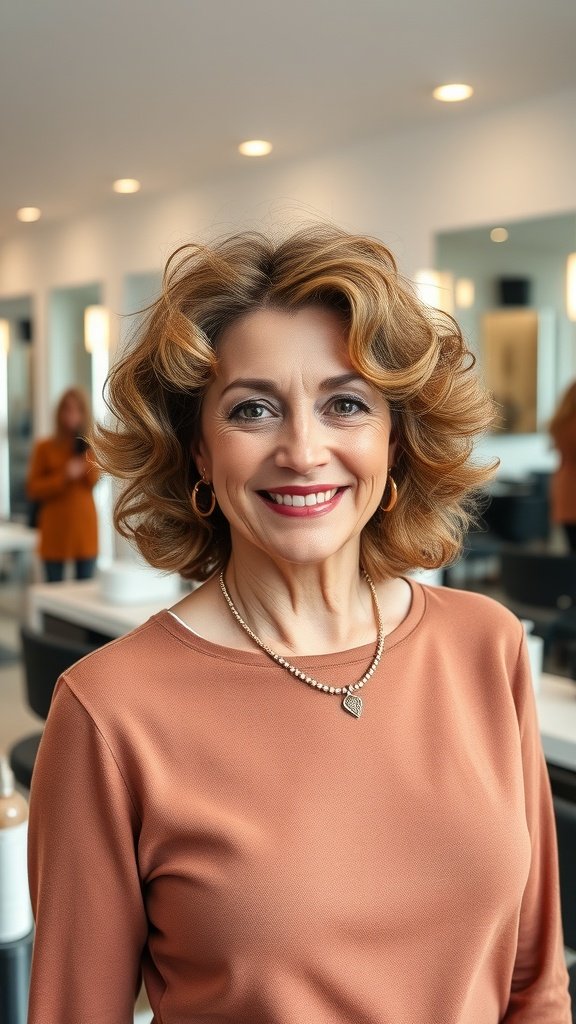 A woman with mid-length hair styled in voluminous curls, smiling confidently in a salon setting.